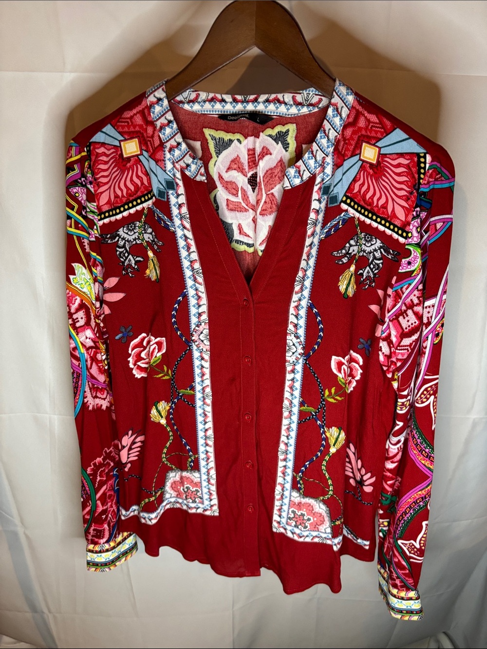 Desigual Red Floral Button-Up Boho Blouse